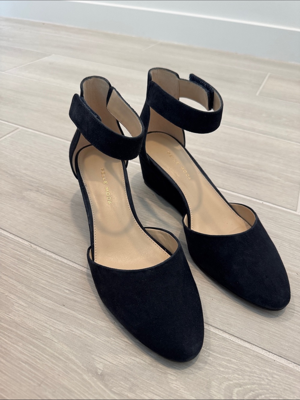 Pelle Moda Black Suede Pointed-Toe Ankle-Strap Block Heels
